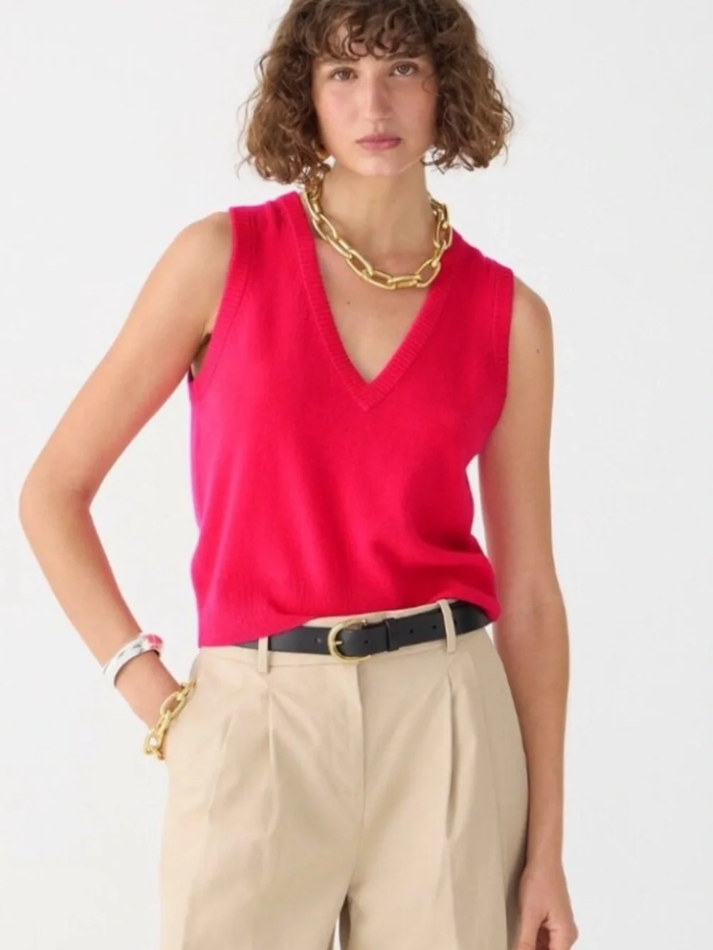 J.Crew 100% Cashmere V-Neck Sweater Vest Bright Pink Neon Berry XS Preppy